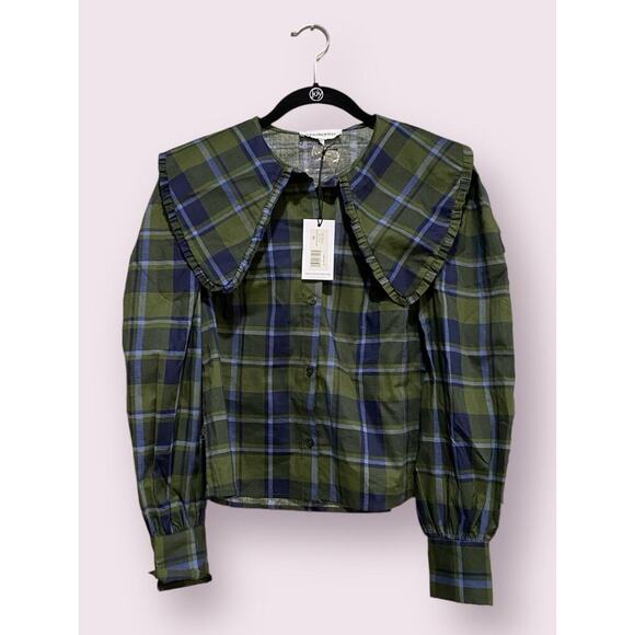 We Wore What Green & Navy Plaid Puffed Collared Shirt Size- XS - Picture 1 of 11